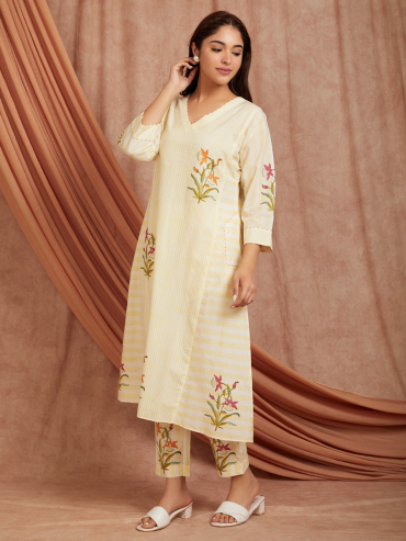 Off-White Yellow Hand Block Printed Cotton V-Neck Kurta with Pants - Set of 2