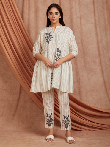 Off-White Grey Hand Block Printed Cotton Kaftan with Pants - Set of 2