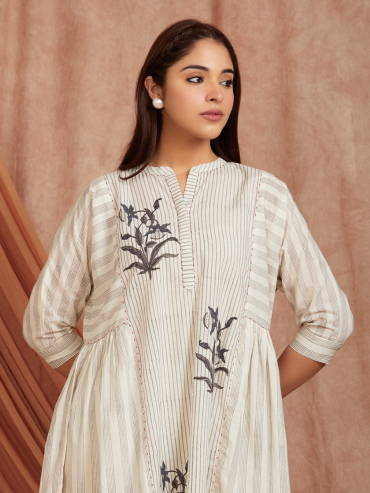 Off-White Grey Hand Block Printed Cotton Kaftan with Pants - Set of 2