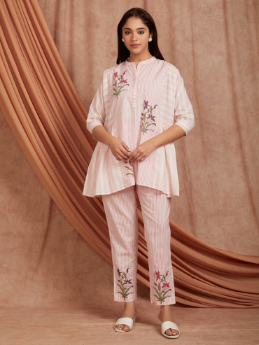 Off-White Pink Hand Block Printed Cotton Kaftan with Pants - Set of 2