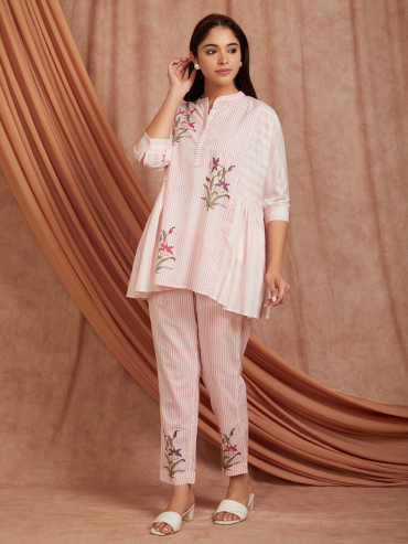 Off-White Pink Hand Block Printed Cotton Kaftan with Pants - Set of 2