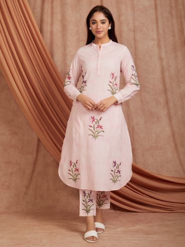 Off-White Pink Hand Block Printed Cotton V-Neck Kurta with Pants - Set of 2