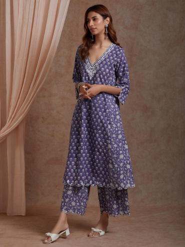 Purple Mirror Embroidered & Hand Block Printed Cotton Plazzo