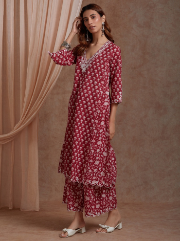 Red Mirror Embroidered & Hand Block Printed Cotton Plazzo