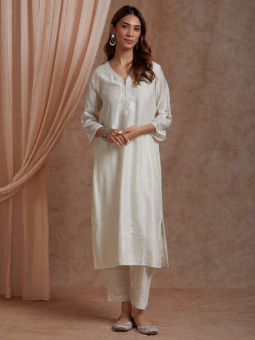 White Aari Embroidery Cotton Plazzo