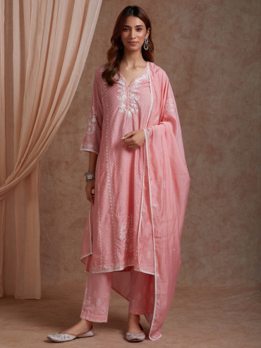 Light Pink Aari Embroidery Cotton Plazzo