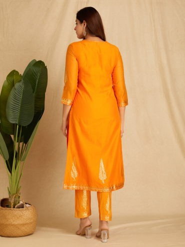 Orange Foile Printed Chanderi Straight, Round NeckKurta with Pants Set of 2