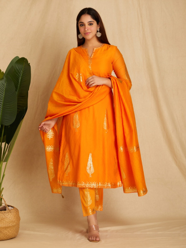 Orange Foile Printed Viscose Chanderi Dupatta