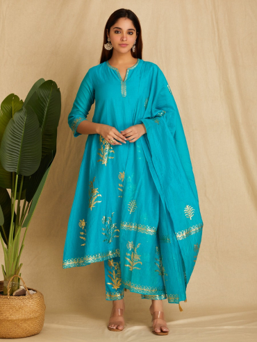 Blue Chanderi Hand Block Foile Printed Dupatta