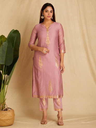 Old Rose Foile Printed Chanderi Straight, Round Neck Kurta with Pants Set of 2