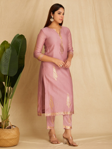Old Rose Foile Printed Chanderi Straight, Round Neck Kurta with Pants Set of 2