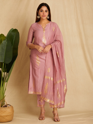 Old Rose Chanderi Hand Block Foile Printed Dupatta