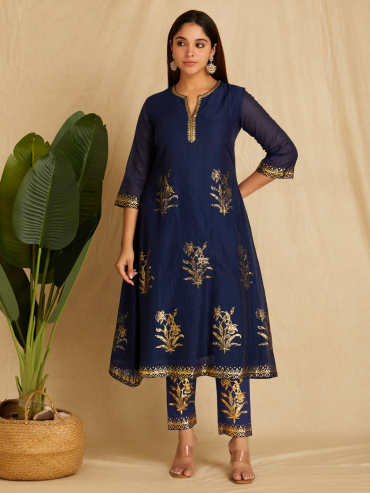 Navy Blue Foile Printed Chanderi Round Neck, Front Slit Kurta with Pants Set of 2