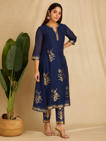Navy Blue Foile Printed Chanderi Round Neck, Front Slit Kurta with Pants Set of 2