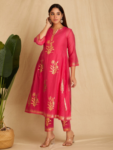 Pink Foile Printed Chanderi Round Neck, Front Slit Kurta with Pants Set of 2