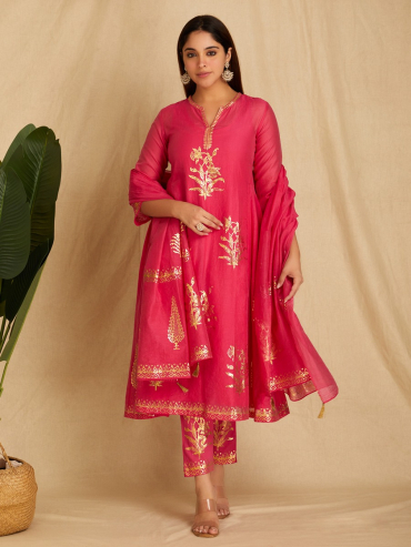 Pink Chanderi Hand Block Foile Printed Dupatta