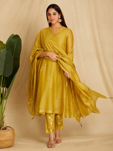 Green Chanderi Hand Block Foile Printed Dupatta