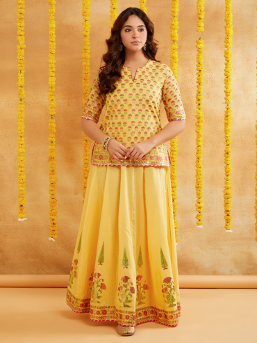 Yellow Chanderi Hand Block Foile Printed Top with Lehenga- Set of 2