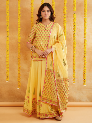 Yellow Chanderi Hand Block Foile Printed Top with Lehenga- Set of 2