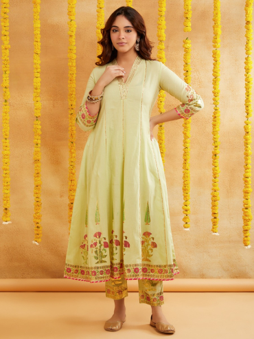 Lime Green Chanderi Hand Block Foile Printed Anarkali Kurta wtih Pant- Set of 2