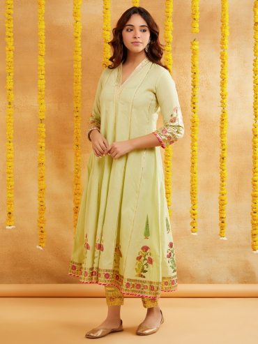 Lime Green Chanderi Hand Block Foile Printed Anarkali Kurta wtih Pant- Set of 2