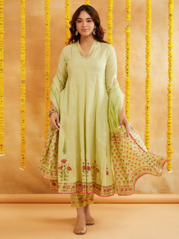 Lime Green Chanderi Hand Block Foile Printed Dupatta