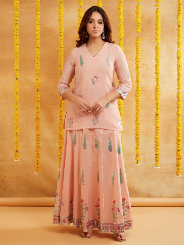 Peach Chanderi Hand Block Foile Printed Top with Lehenga- Set of 2