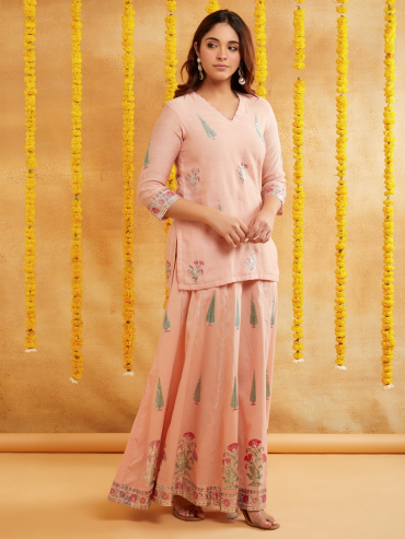 Peach Chanderi Hand Block Foile Printed Top with Lehenga- Set of 2