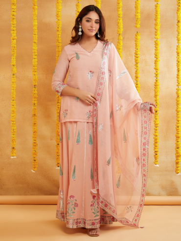 Peach Chanderi Hand Block Foile Printed Dupatta