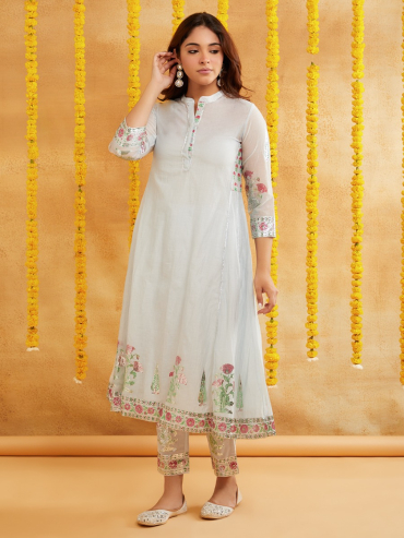Blue Chanderi Hand Block Foile Printed Kurta wtih Pant- Set of 2