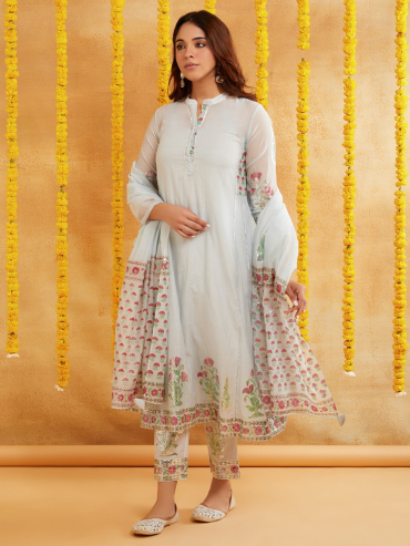 Blue Chanderi Hand Block Foile Printed Dupatta