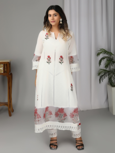 Off-White Red Hand Block Printed Cotton Dobby Round Neck, Front Sleet Kurta