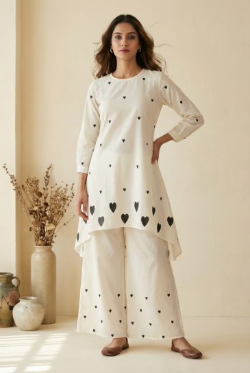 Ivory Black Hand Block Heart Printed Round Neck, High-Low Cotton Kurta with Pants Set of