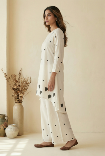 Ivory Black Hand Block Heart Printed Round Neck, High-Low Cotton Kurta with Pants Set of