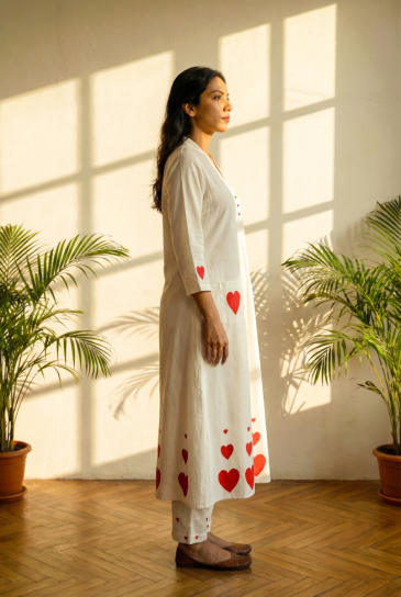  Ivory Red Hand Block Heart Printed V-Neck, Front Placket Cotton Kurta with Pants Set of 2