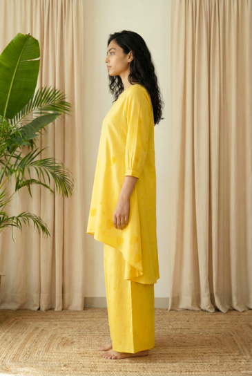 Mustard Hand Block Heart Printed Round Neck, High-Low Cotton Kurta with Pants Set of