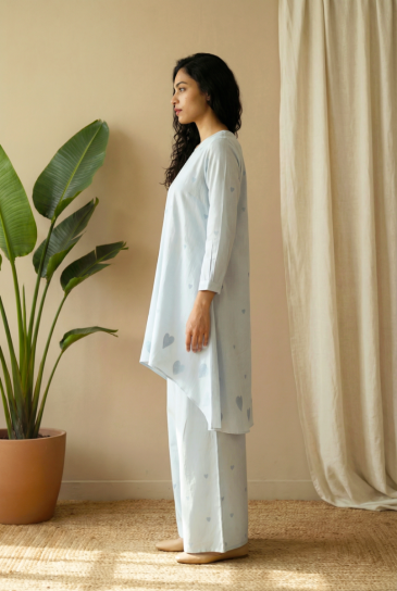 Light Blue Hand Block Heart Printed Round Neck, High-Low Cotton Kurta with Pants Set of