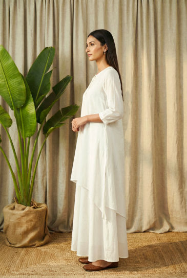 Ivory Round Neck, Front Button Placket Double Layer High-Low Cotton Kurta with Pants Set of 2