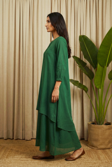 Green Round Neck, Front Button Placket Double Layer High-Low Cotton Kurta with Pants Set of 2