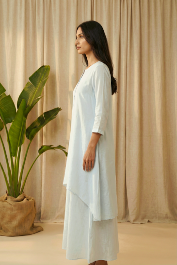 Powder Blue Round Neck, Front Button Placket Double Layer High-Low Cotton Kurta with Pants Set of 2