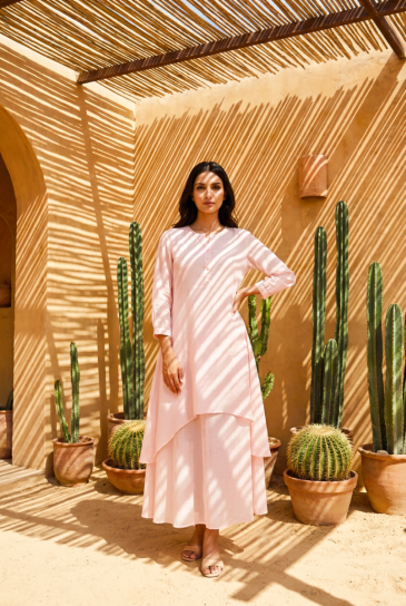 Peach Round Neck, Front Button Placket Double Layer High-Low Cotton Kurta with Pants Set of 2