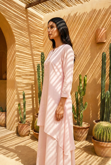 Peach Round Neck, Front Button Placket Double Layer High-Low Cotton Kurta with Pants Set of 2