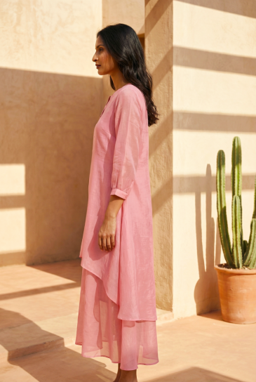 Pink Round Neck, Front Button Placket Double Layer High-Low Cotton Kurta with Pants Set of 2