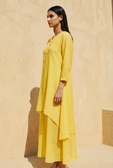 Yellow Round Neck, Front Button Placket Double Layer High-Low Cotton Kurta with Pants Set of 2