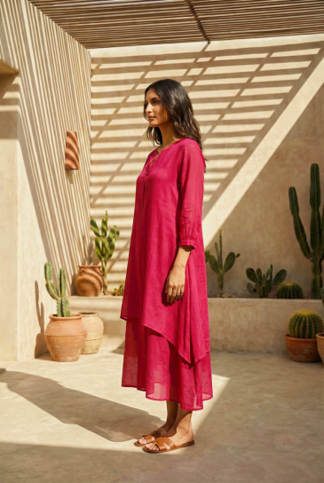 Fuschia Round Neck, Front Button Placket Double Layer High-Low Cotton Kurta with Pants Set of 2