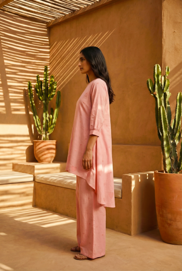 Peach Hand Block Heart Printed Round Neck, High-Low Cotton Kurta with Pants Set of 2