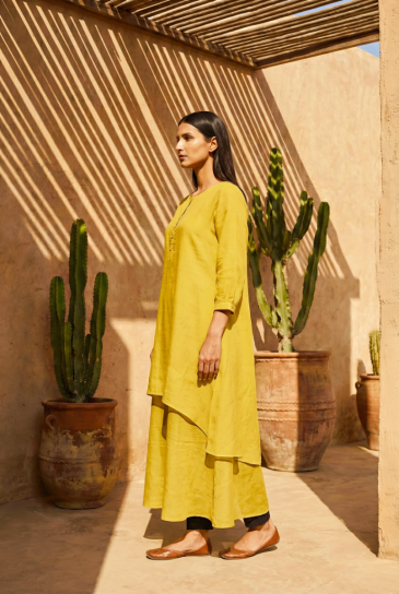 Mustard Round Neck, Front Button Placket Double Layer High-Low Cotton Kurta with Pants Set of 2