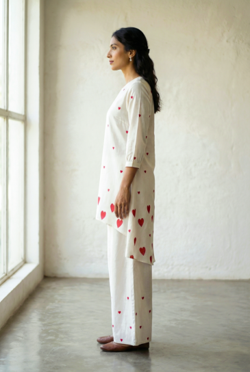 Ivory Red Hand Block Heart Printed Round Neck, High-Low Cotton Kurta with Pants Set of