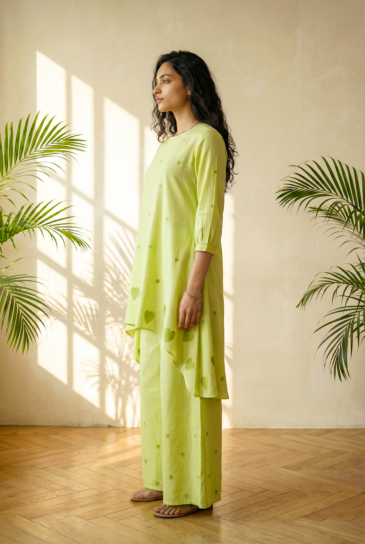 Pista Green Hand Block Heart Printed Round Neck, High-Low Cotton Kurta with Pants Set of