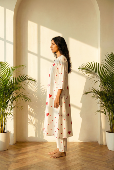  Ivory Red Hand Block Heart Printed Round Neck, Front Placket Cotton Kurta with Pants Set of 2